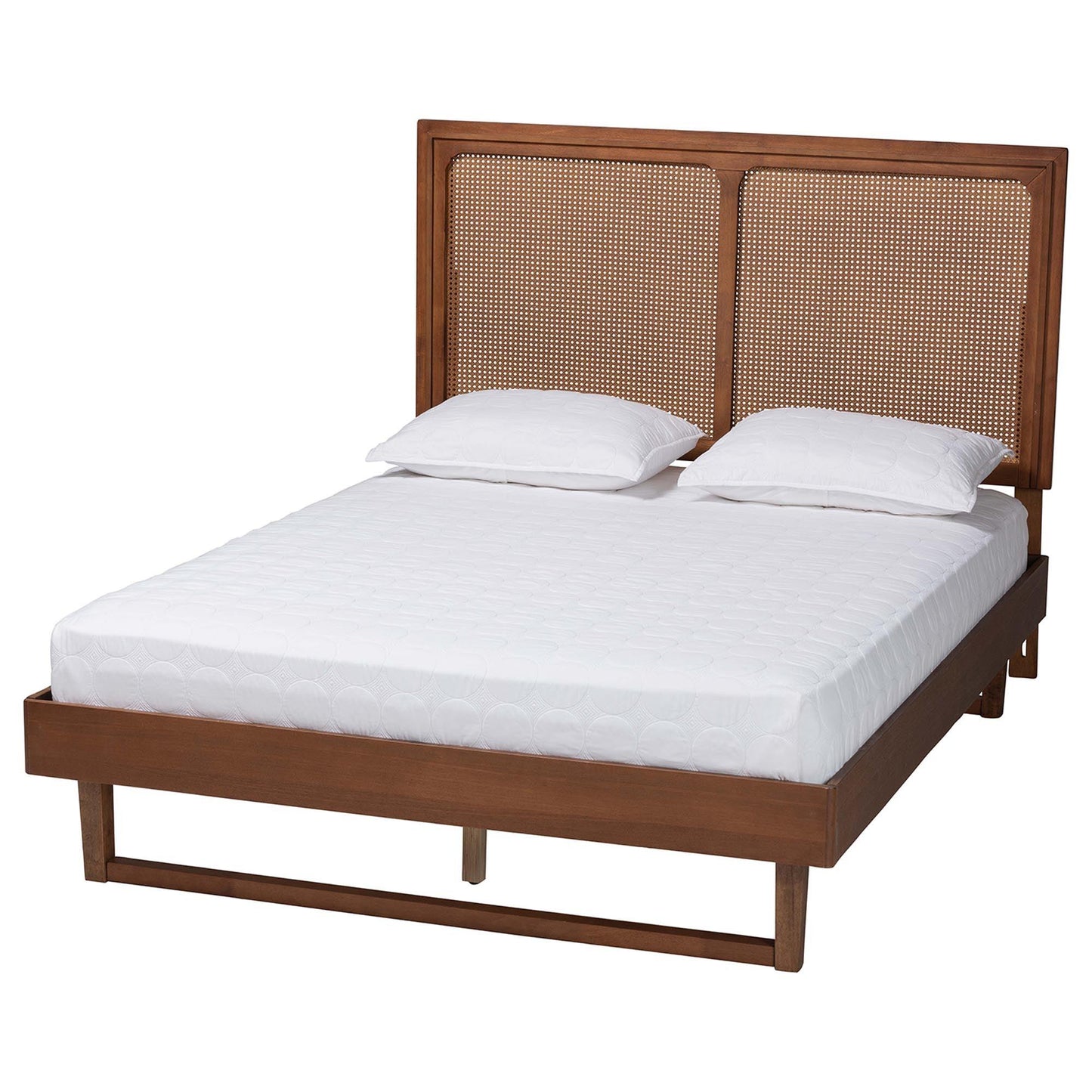 Baxton Studio Rondell Mid-Century Modern Ash Walnut Woven Rattan Queen Size Bed FredCo
