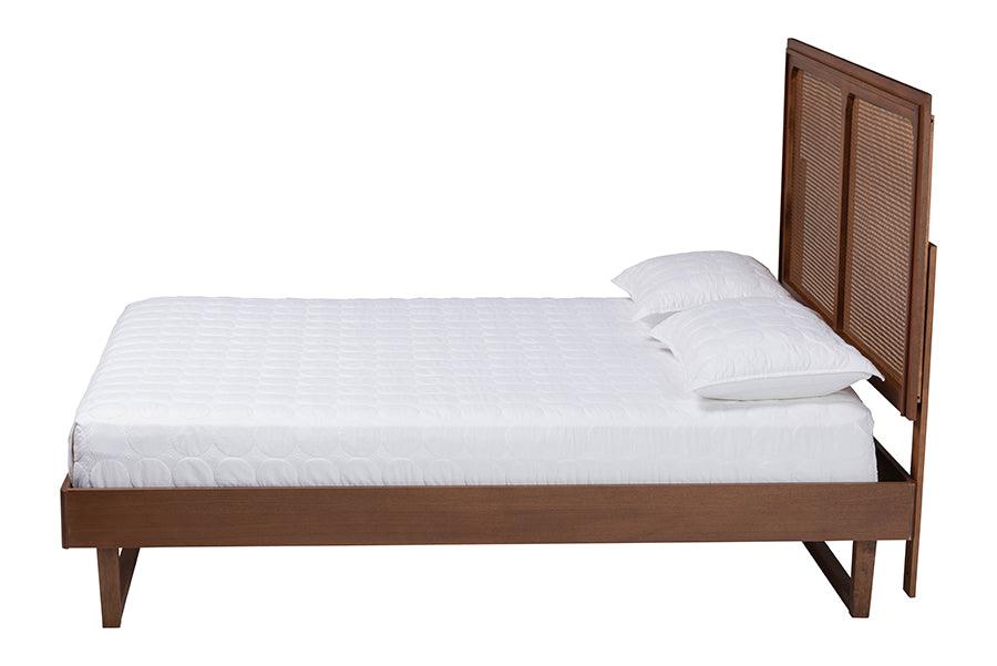 Baxton Studio Rondell Mid-Century Modern Ash Walnut Woven Rattan Queen Size Bed FredCo