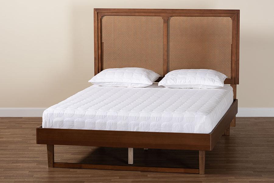 Baxton Studio Rondell Mid-Century Modern Ash Walnut Woven Rattan Queen Size Bed FredCo