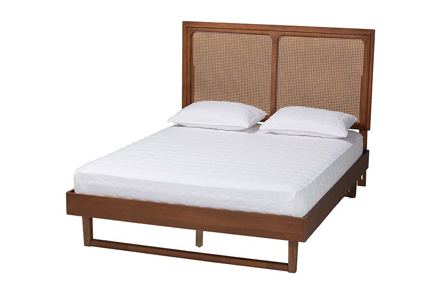 Baxton Studio Rondell Mid-Century Modern Ash Walnut Woven Rattan Queen Size Bed FredCo
