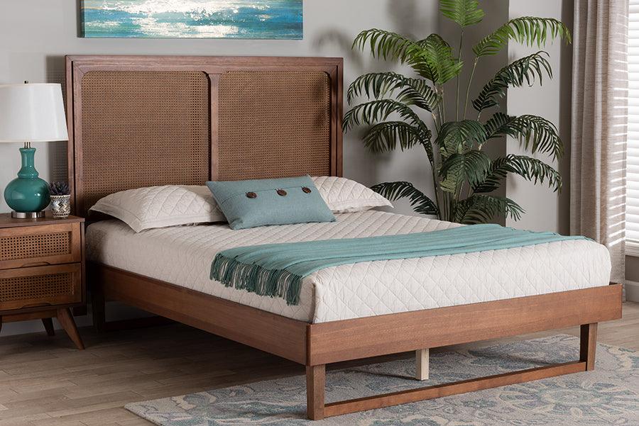 Baxton Studio Rondell Mid-Century Modern Ash Walnut Woven Rattan Queen Size Bed FredCo