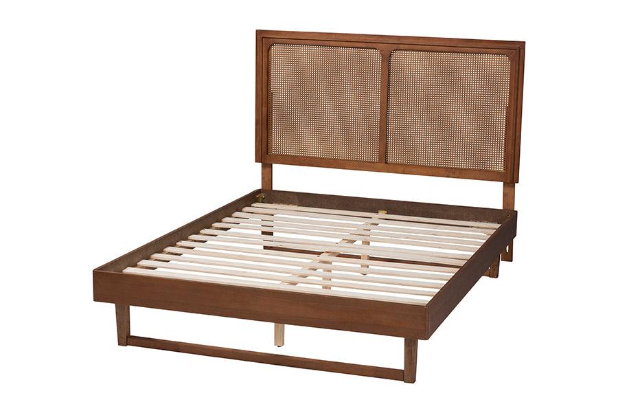 Baxton Studio Rondell Mid-Century Modern Ash Walnut Woven Rattan Queen Size Bed FredCo