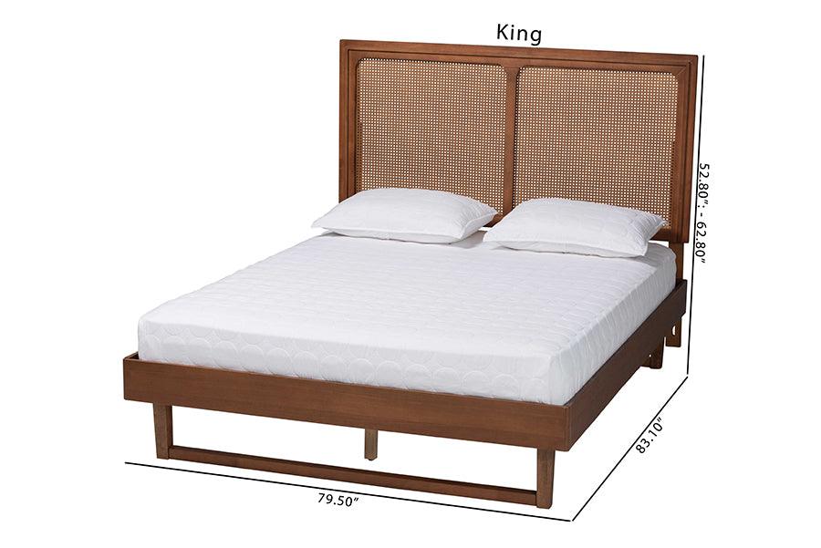 Baxton Studio Rondell Mid-Century Modern Ash Walnut Woven Rattan Queen Size Bed FredCo