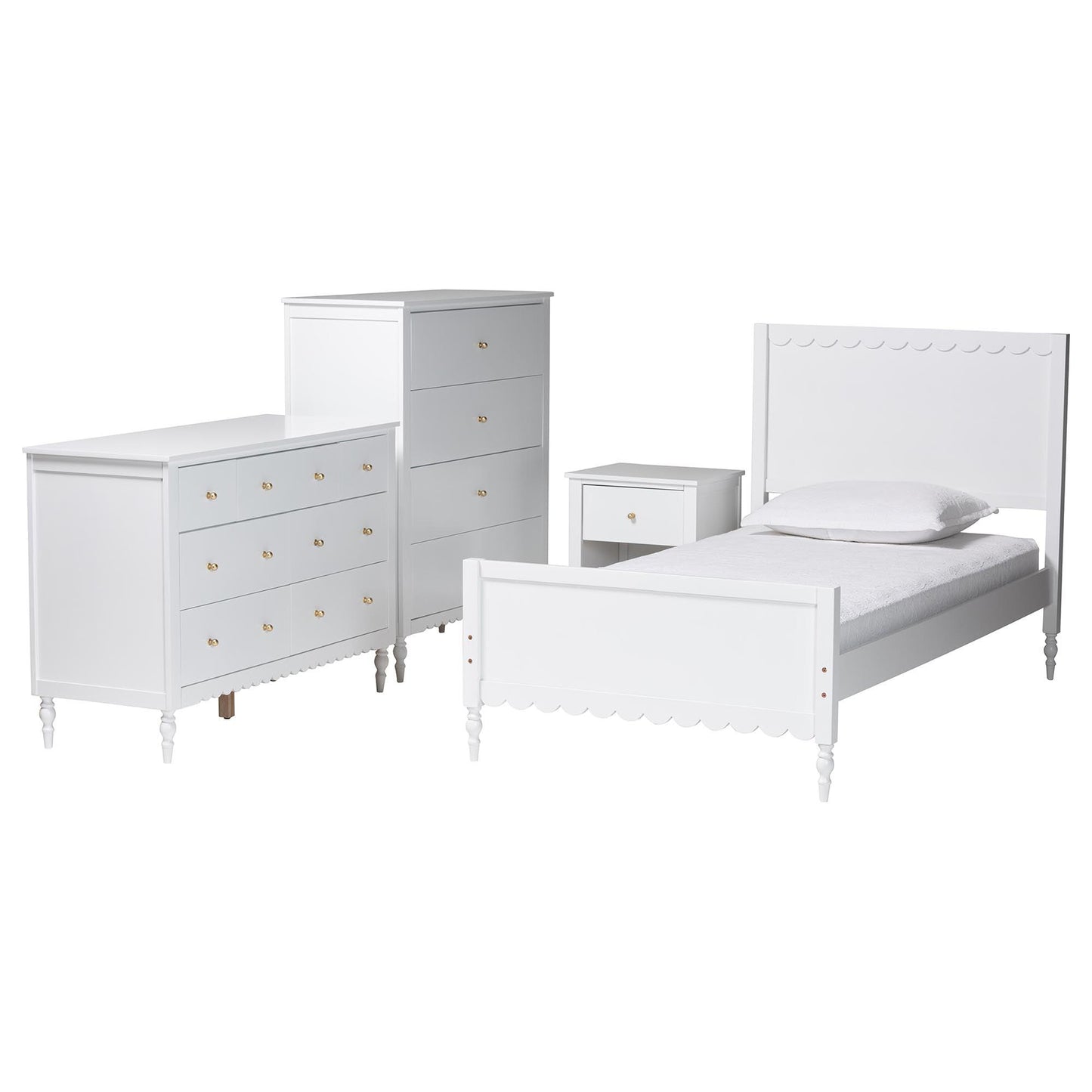 Baxton Studio Roni Modern White Wood 4-Piece Twin Bedroom Set with Scalloped Edges FredCo
