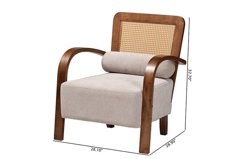 Baxton Studio Sage Modern Japandi Light Grey Fabric and Walnut Brown Finished Wood Arm Chair with Woven Rattan FredCo