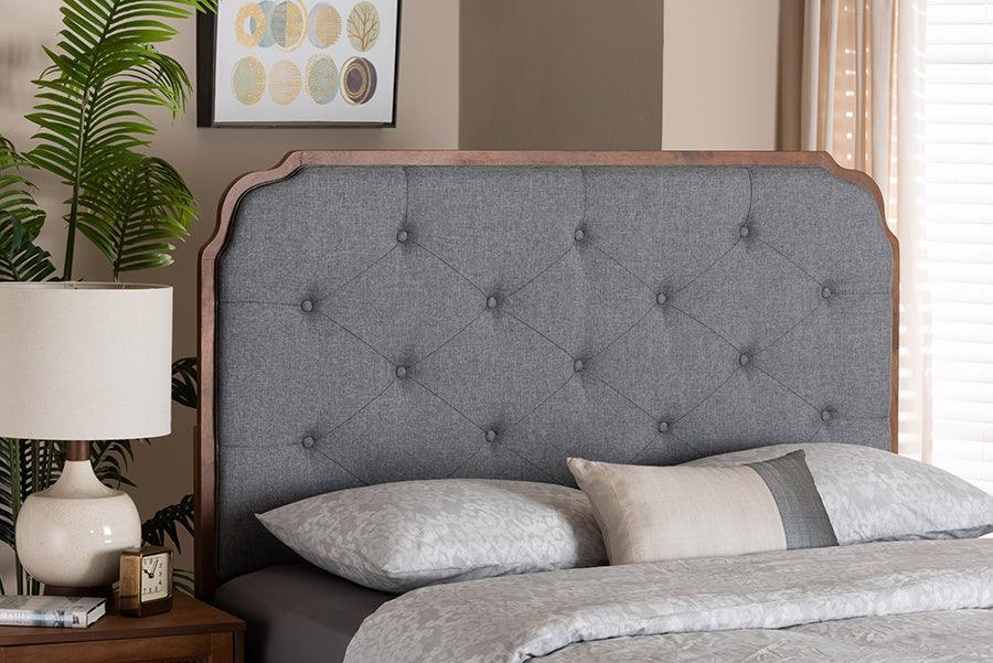 Baxton Studio Shanti Classic and Traditional Grey Fabric and Walnut Brown Finished Wood Headboard FredCo