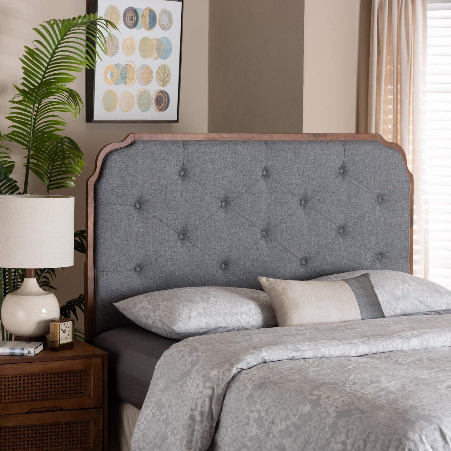 Baxton Studio Shanti Classic and Traditional Grey Fabric and Walnut Brown Finished Wood Headboard FredCo