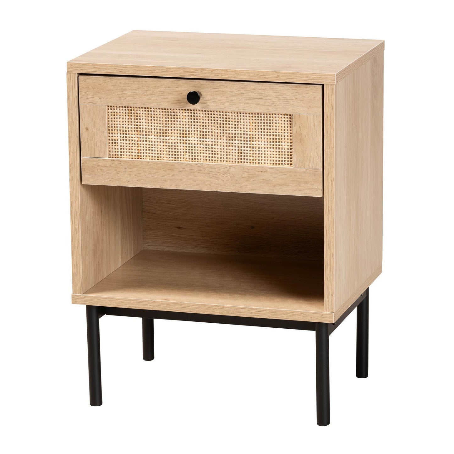 Baxton Studio Sherwin Mid-Century Modern Light Brown and Black 1-Drawer End Table with Woven Rattan Accent FredCo