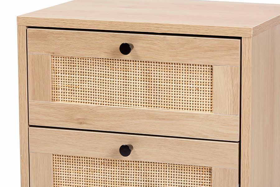 Baxton Studio Sherwin Mid-Century Modern Light Brown and Black 2-Drawer End Table with Woven Rattan Accent FredCo