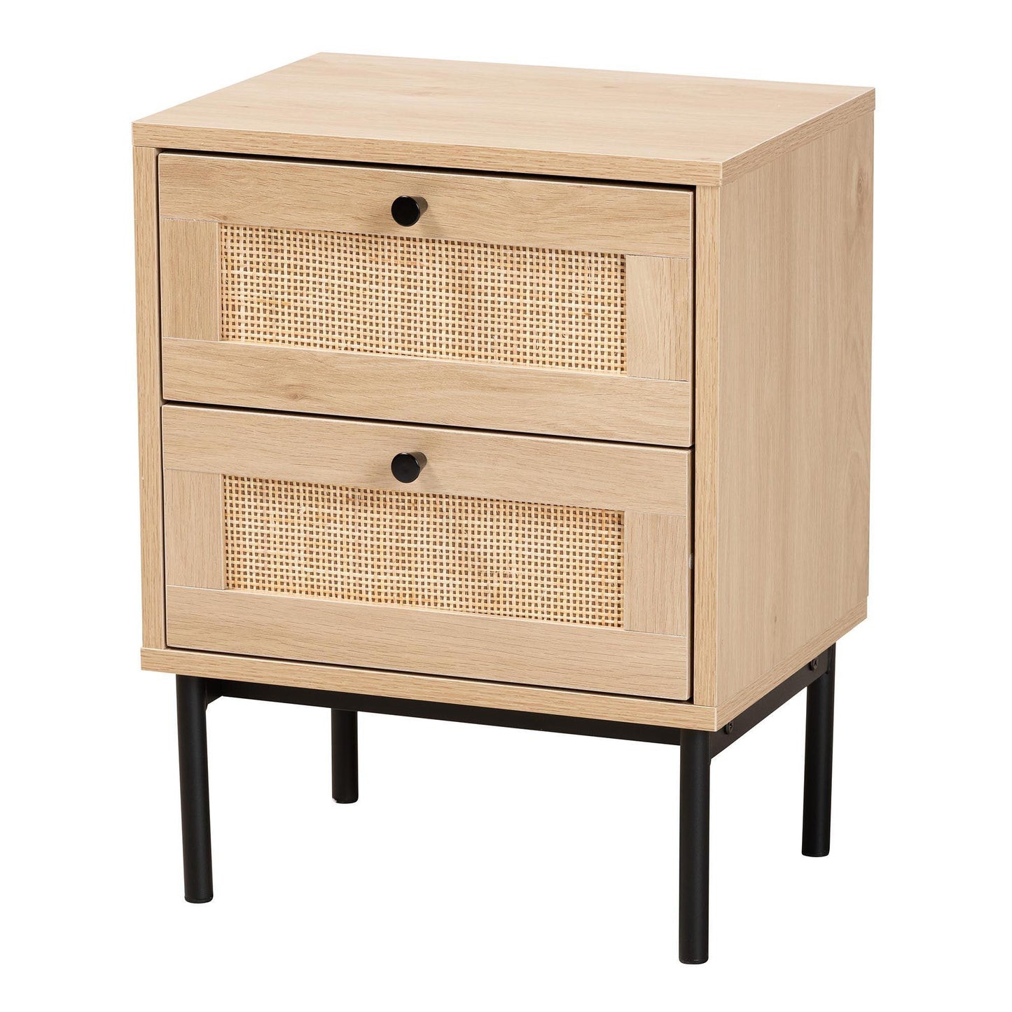 Baxton Studio Sherwin Mid-Century Modern Light Brown and Black 2-Drawer End Table with Woven Rattan Accent FredCo