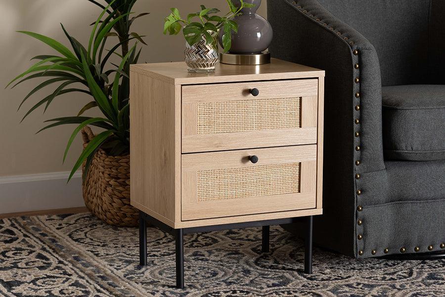 Baxton Studio Sherwin Mid-Century Modern Light Brown and Black 2-Drawer End Table with Woven Rattan Accent FredCo