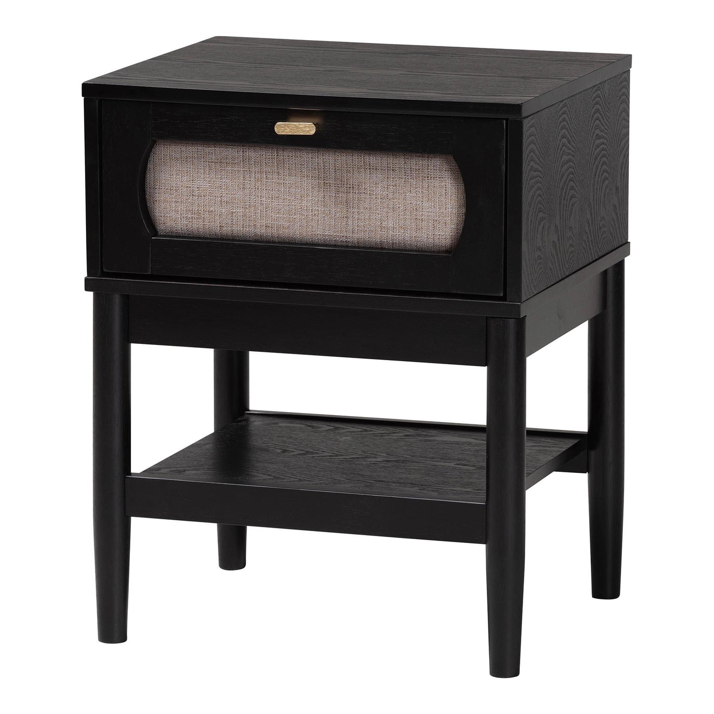 Baxton Studio Shirin Mid-Century Beige Fabric and Black Wood 1-Drawer Nightstand FredCo