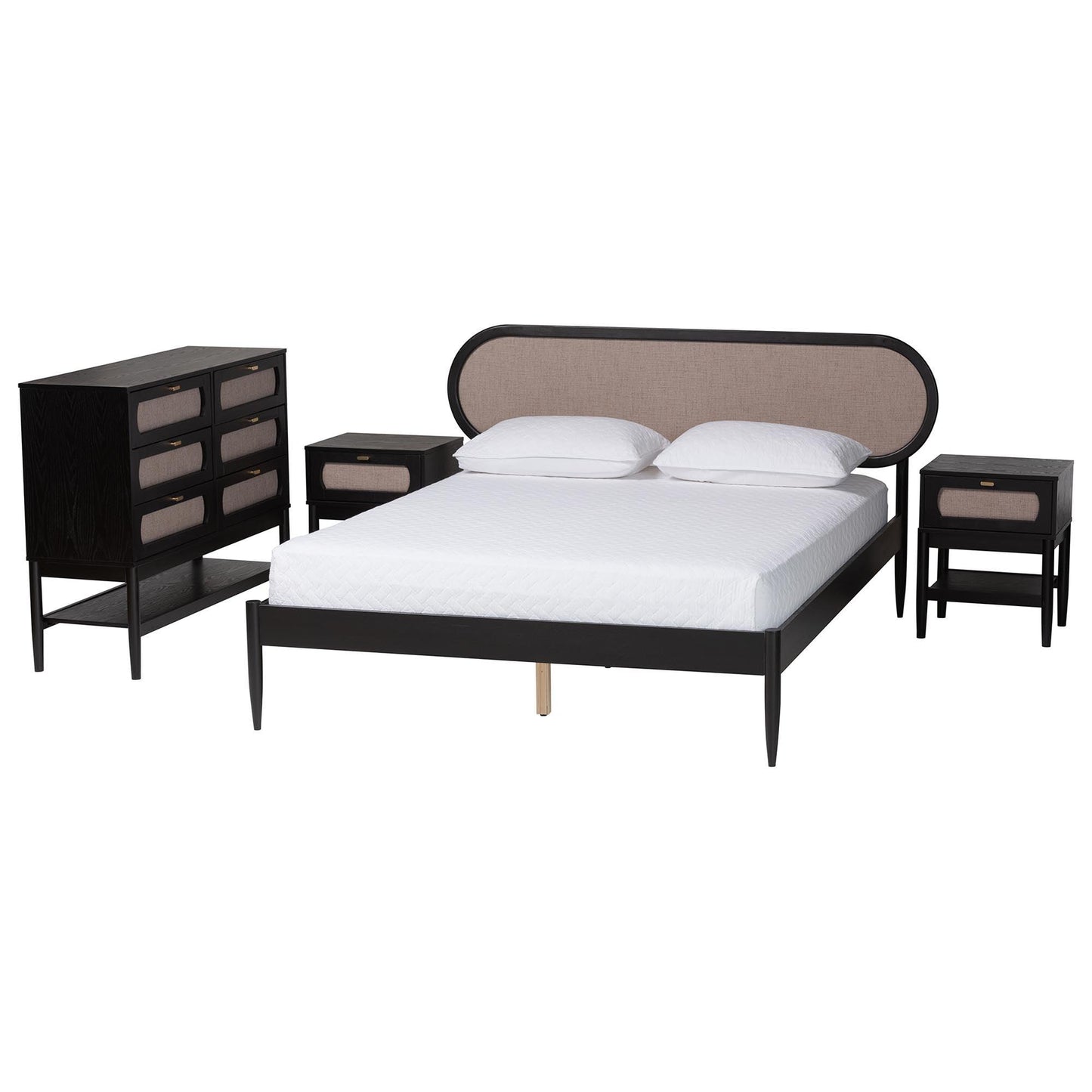 Baxton Studio Shirin Mid-Century Beige Fabric and Black Wood Queen 4-Piece Bedroom Set with Two nightstands FredCo
