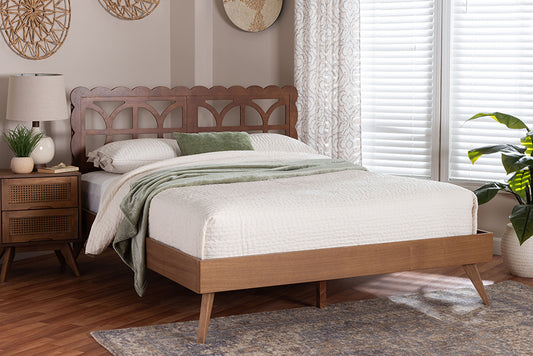 Mid-century modern wooden bed with white bedding in stylish bedroom, FredCo International furniture