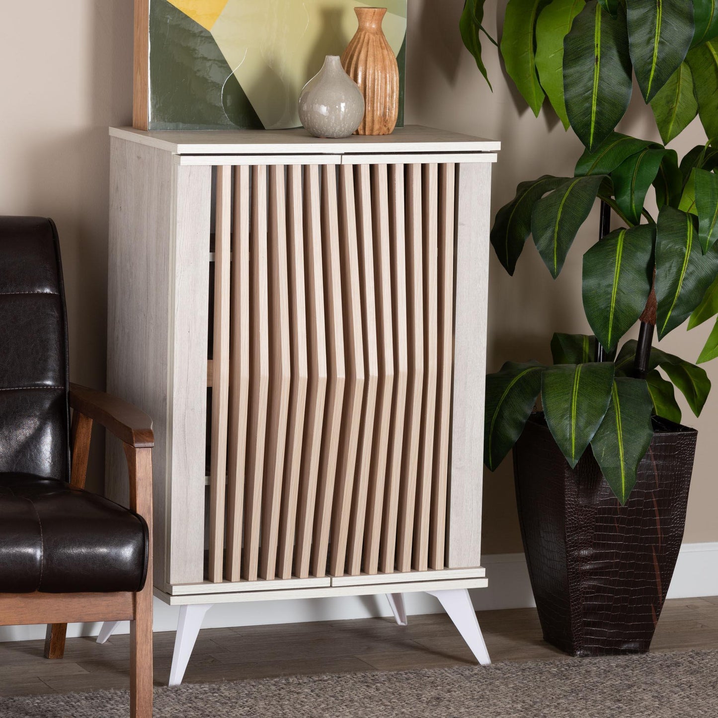 Baxton Studio Simona Mid-Century Modern Transitional Light Grey and Brown Wood 2-Door Storage Cabinet FredCo