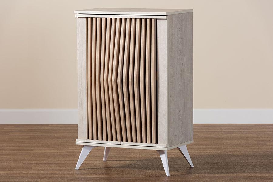Baxton Studio Simona Mid-Century Modern Transitional Light Grey and Brown Wood 2-Door Storage Cabinet FredCo