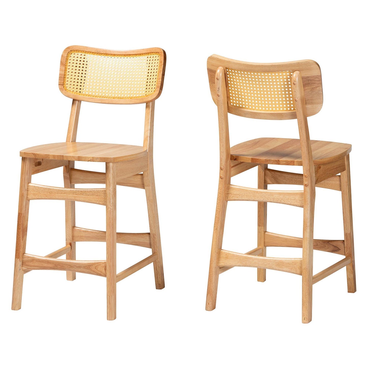 Baxton Studio Tadeo Mid-Century Modern Oak Brown Finished Wood and Rattan 2-Piece Counter Stool Set FredCo