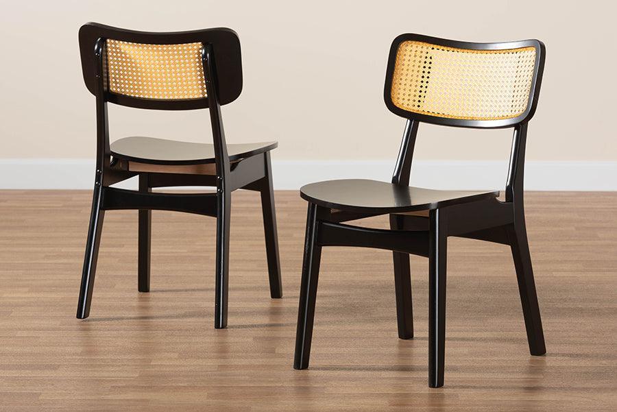 Baxton Studio Tafari Mid-Century Modern Dark Brown Finished Wood and Rattan 2-Piece Dining Chair Set FredCo