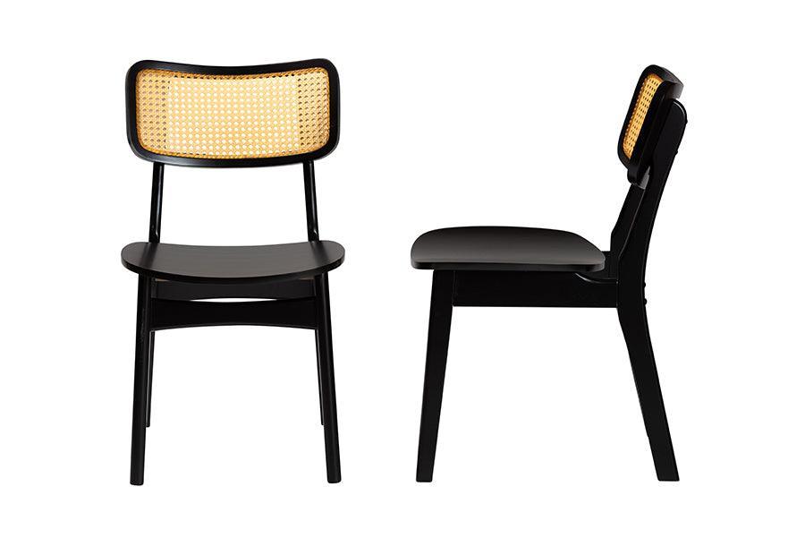 Baxton Studio Tafari Mid-Century Modern Dark Brown Finished Wood and Rattan 2-Piece Dining Chair Set FredCo
