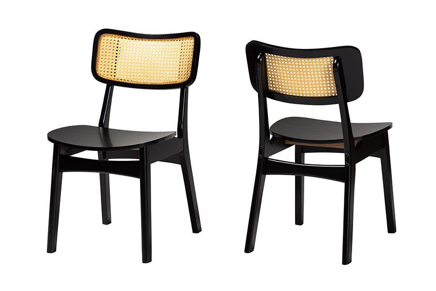 Baxton Studio Tafari Mid-Century Modern Dark Brown Finished Wood and Rattan 2-Piece Dining Chair Set FredCo