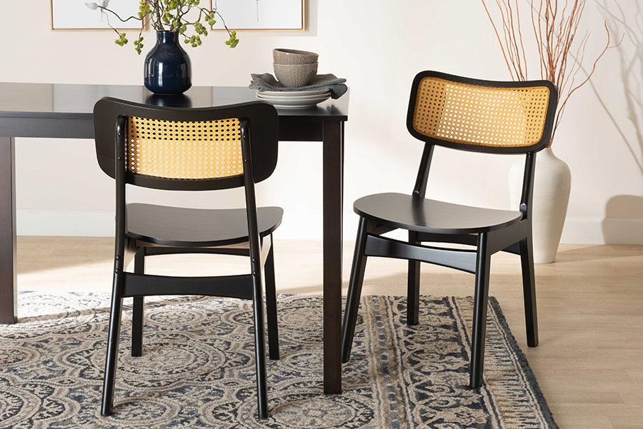 Baxton Studio Tafari Mid-Century Modern Dark Brown Finished Wood and Rattan 2-Piece Dining Chair Set FredCo