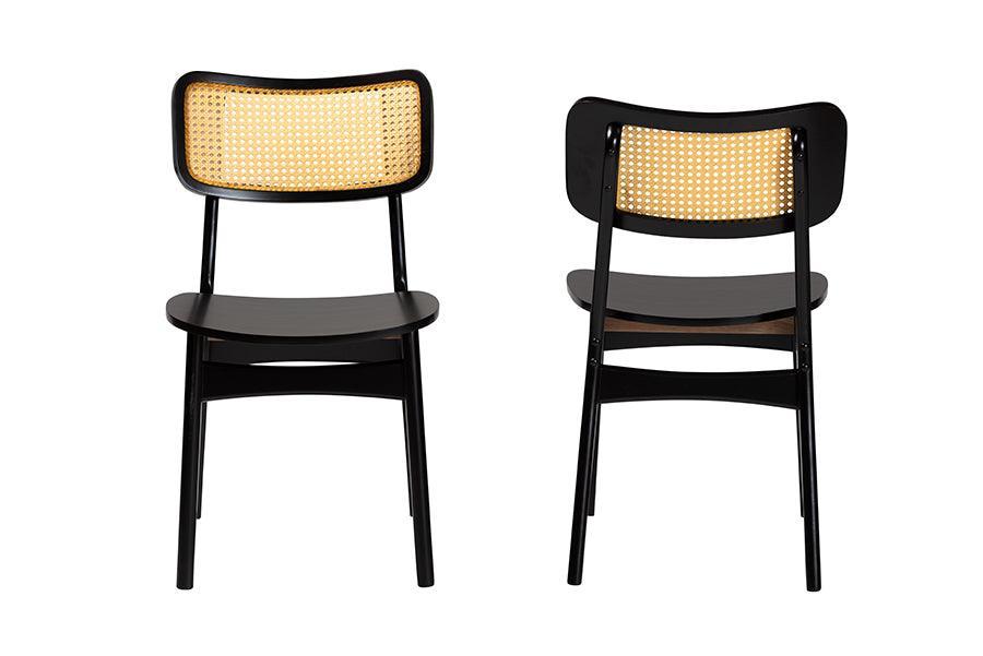 Baxton Studio Tafari Mid-Century Modern Dark Brown Finished Wood and Rattan 2-Piece Dining Chair Set FredCo