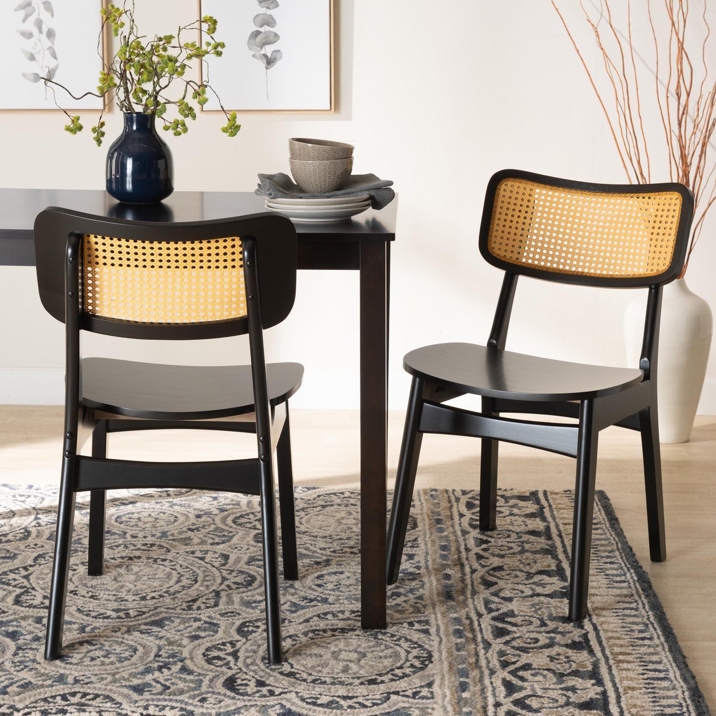 Baxton Studio Tafari Mid-Century Modern Dark Brown Finished Wood and Rattan 2-Piece Dining Chair Set FredCo