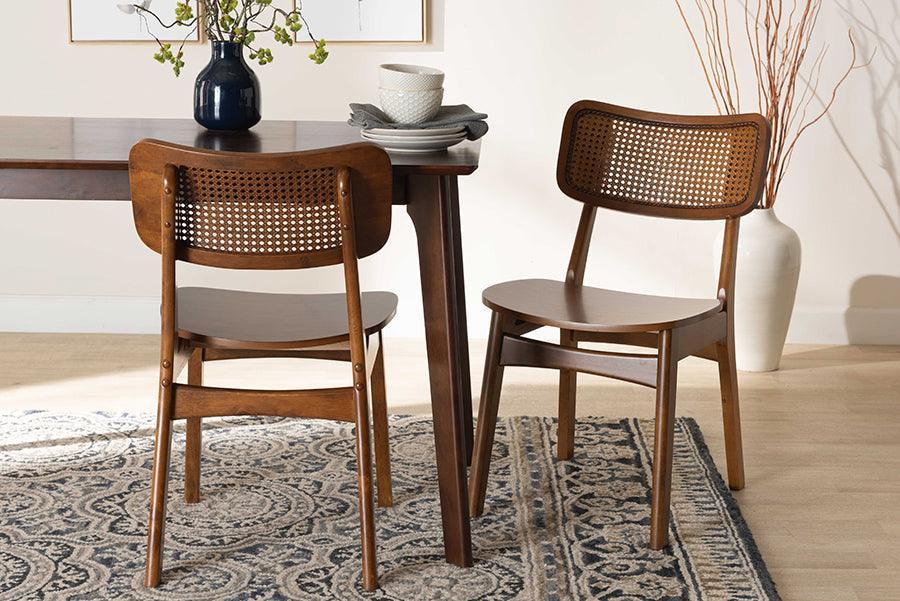 Baxton Studio Tafari Mid-Century Modern Walnut Brown Finished Wood and Rattan 2-Piece Dining Chair Set FredCo