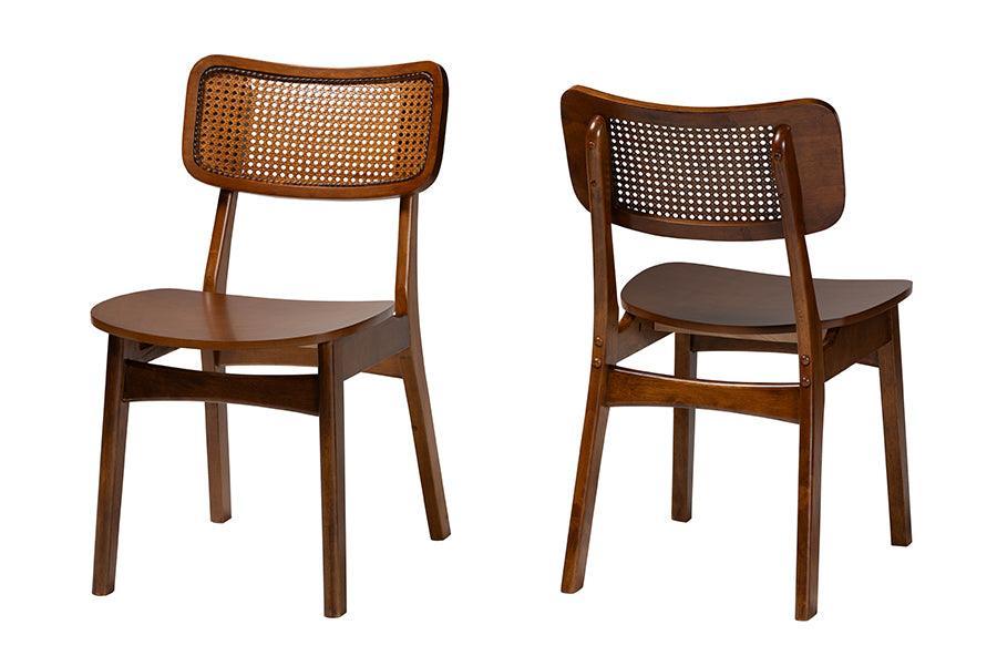 Baxton Studio Tafari Mid-Century Modern Walnut Brown Finished Wood and Rattan 2-Piece Dining Chair Set FredCo