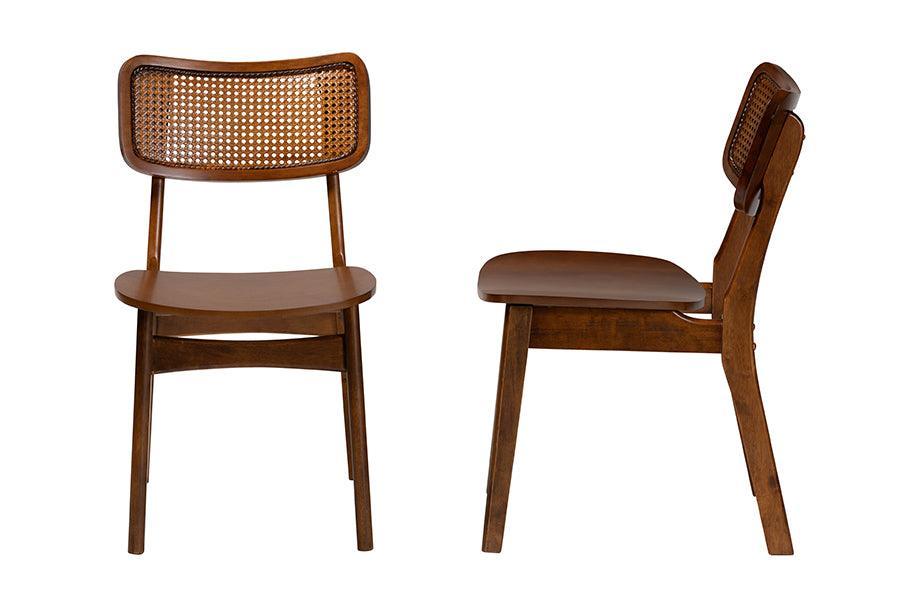 Baxton Studio Tafari Mid-Century Modern Walnut Brown Finished Wood and Rattan 2-Piece Dining Chair Set FredCo