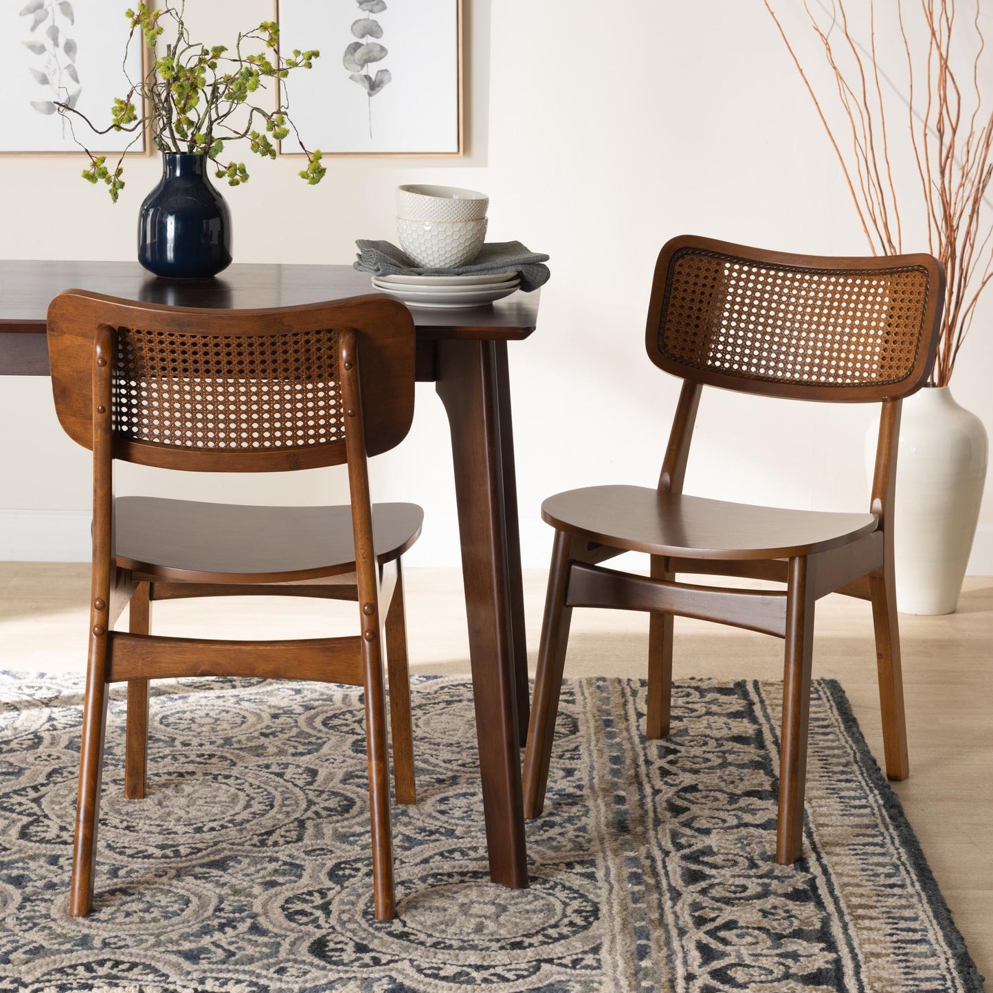 Baxton Studio Tafari Mid-Century Modern Walnut Brown Finished Wood and Rattan 2-Piece Dining Chair Set FredCo