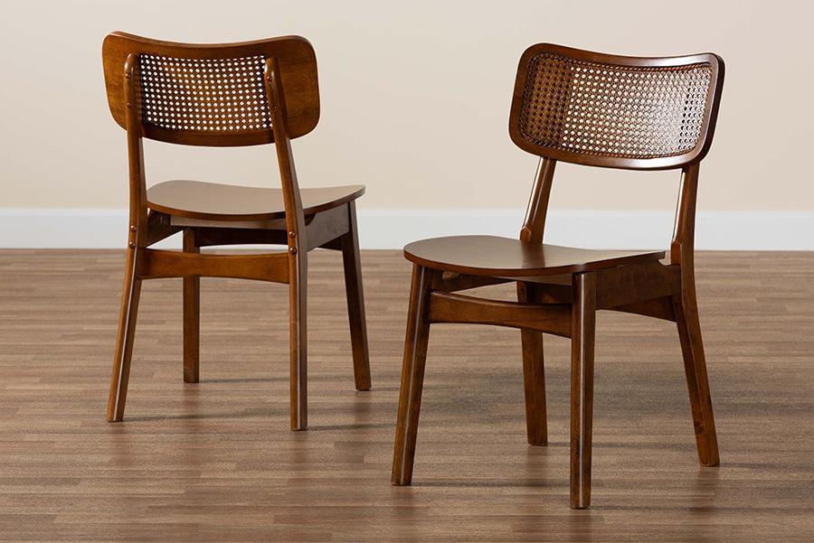 Baxton Studio Tafari Mid-Century Modern Walnut Brown Finished Wood and Rattan 2-Piece Dining Chair Set FredCo