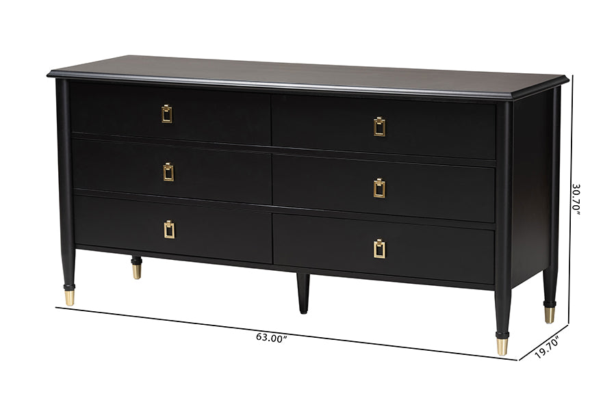 Baxton Studio Tamra Black Wood 6-Drawer Dresser – Modern Transitional Bedroom Storage with Metallic Accents FredCo