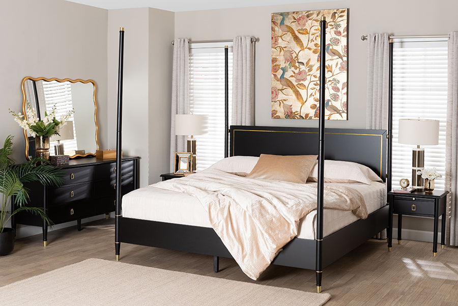 Baxton Studio Tamra King Four-Poster Bedroom Set – Black Wood Bed with Matching Dresser and Two Nightstands FredCo
