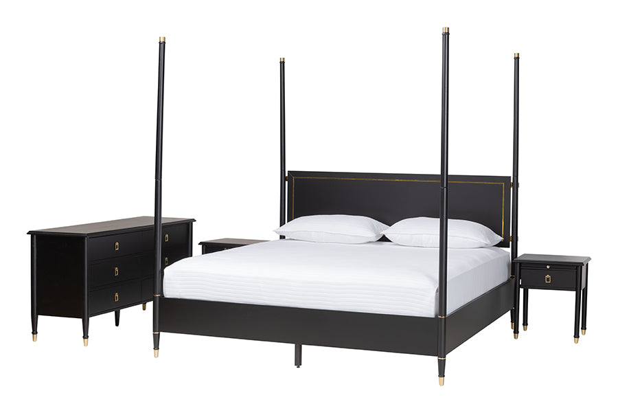 Baxton Studio Tamra King Four-Poster Bedroom Set – Black Wood Bed with Matching Dresser and Two Nightstands FredCo