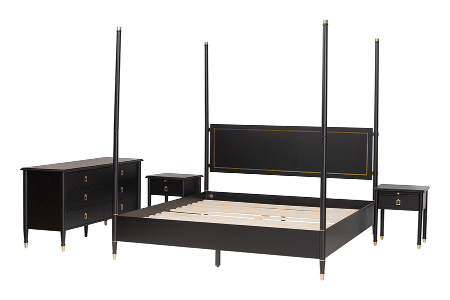 Baxton Studio Tamra King Four-Poster Bedroom Set – Black Wood Bed with Matching Dresser and Two Nightstands FredCo