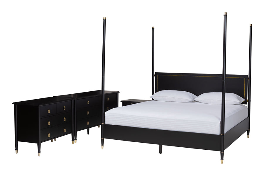 Baxton Studio Tamra King Four-Poster Bedroom Set – Black Wood Bed with Matching Dresser, Chest & Nightstands FredCo