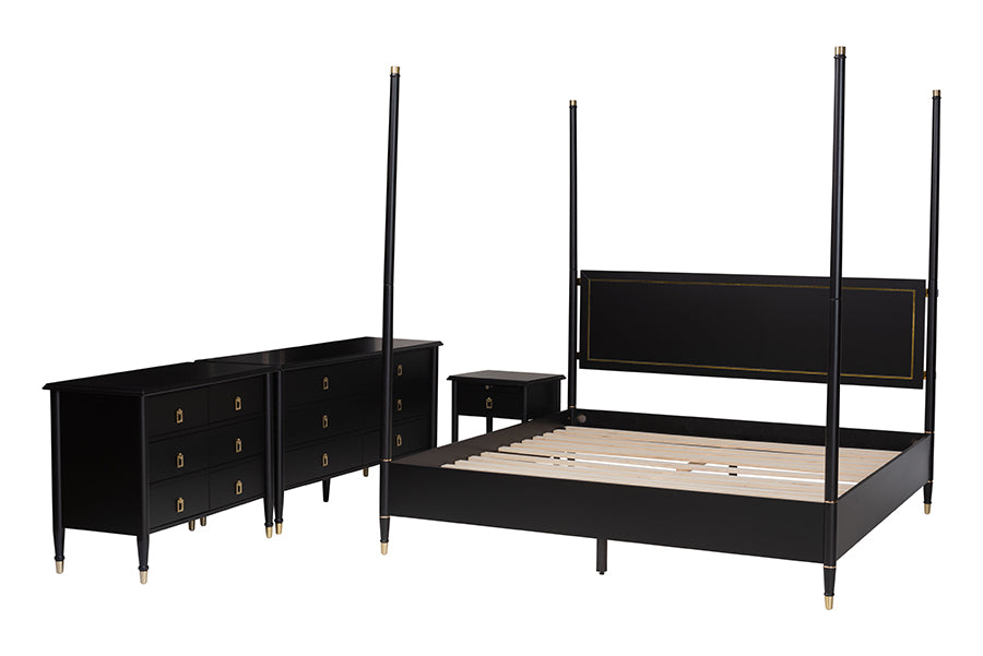 Baxton Studio Tamra King Four-Poster Bedroom Set – Black Wood Bed with Matching Dresser, Chest & Nightstands FredCo