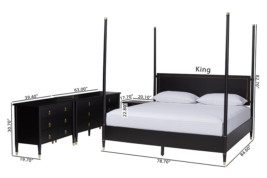 Baxton Studio Tamra King Four-Poster Bedroom Set – Black Wood Bed with Matching Dresser, Chest & Nightstands FredCo