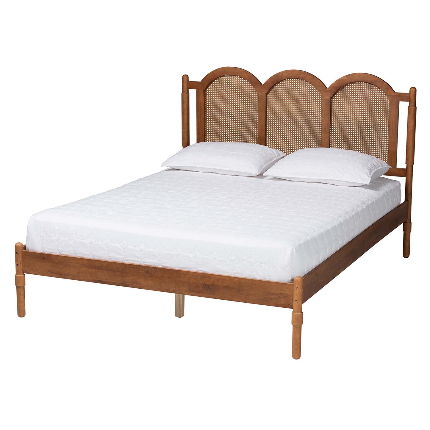 Baxton Studio Thatcher Mid-Century Modern Walnut Brown Finished Wood Queen Size Platform Bed with Woven Rattan FredCo