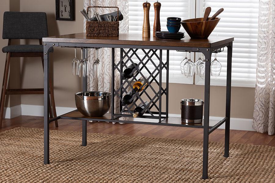Baxton Studio Vintner Industrial Brown and Black Pub Table with Built-In Wine Cage FredCo