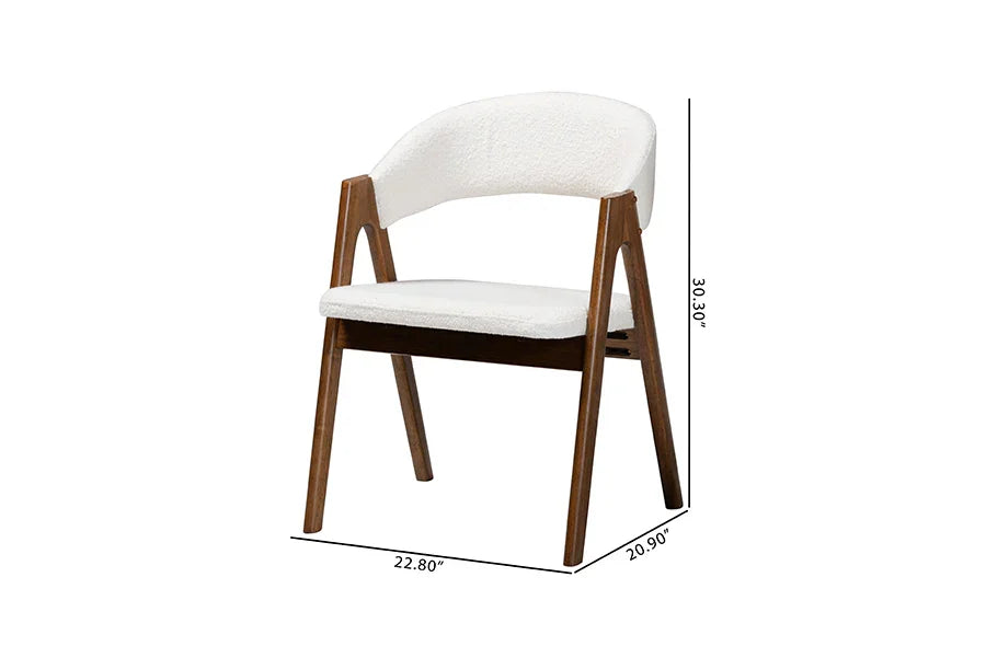 Baxton Studio Virden Boucle Upholstered Dining Chair Set of 2- Mid-Century Modern Armchair with Solid Wood Frame and Curved Open-Back Design, Walnut Brown and White FredCo