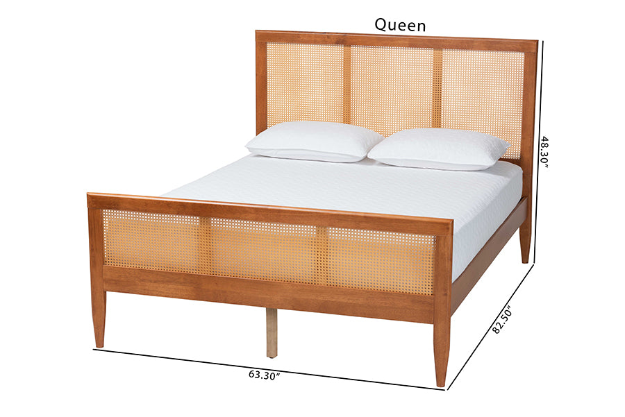 Baxton Studio Walthard Mid-Century Light Walnut Queen Platform Bed with Woven Rattan FredCo