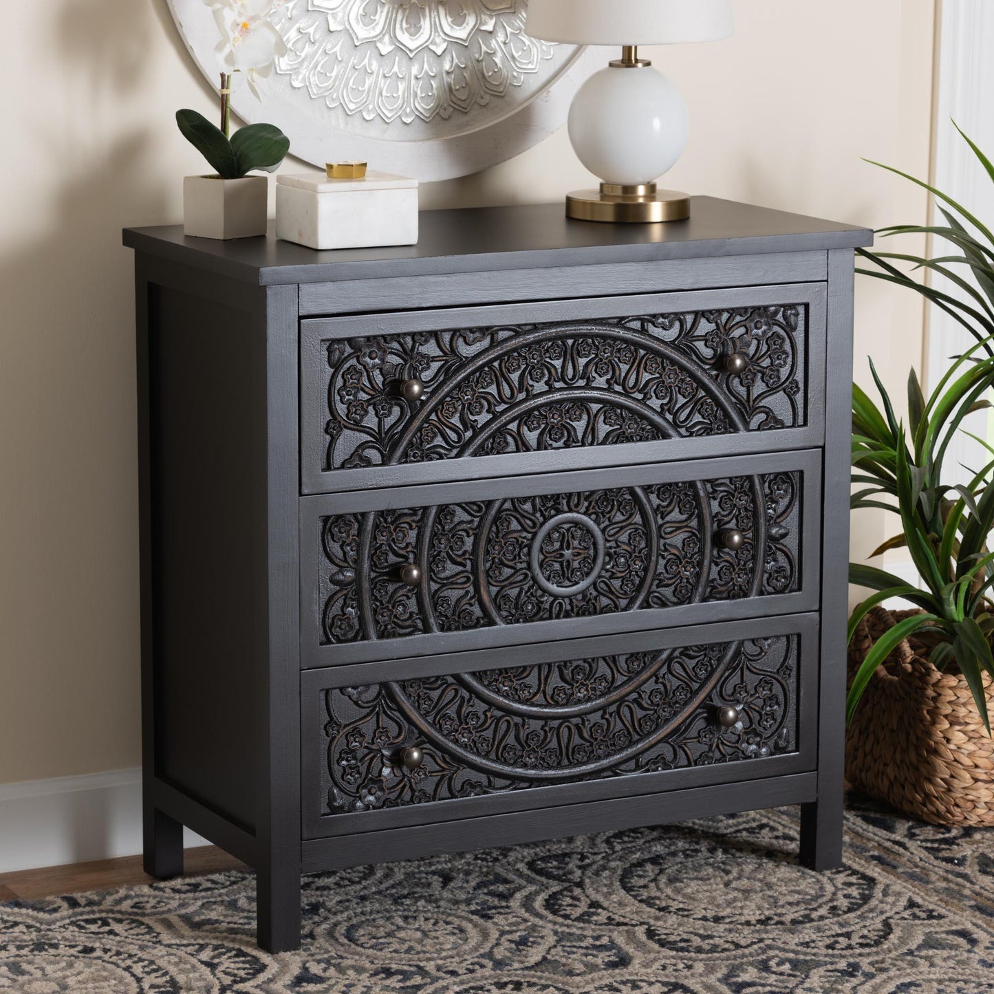 Baxton Studio Yelena Classic and Traditional Black Finished Wood 3-Drawer Storage Cabinet FredCo