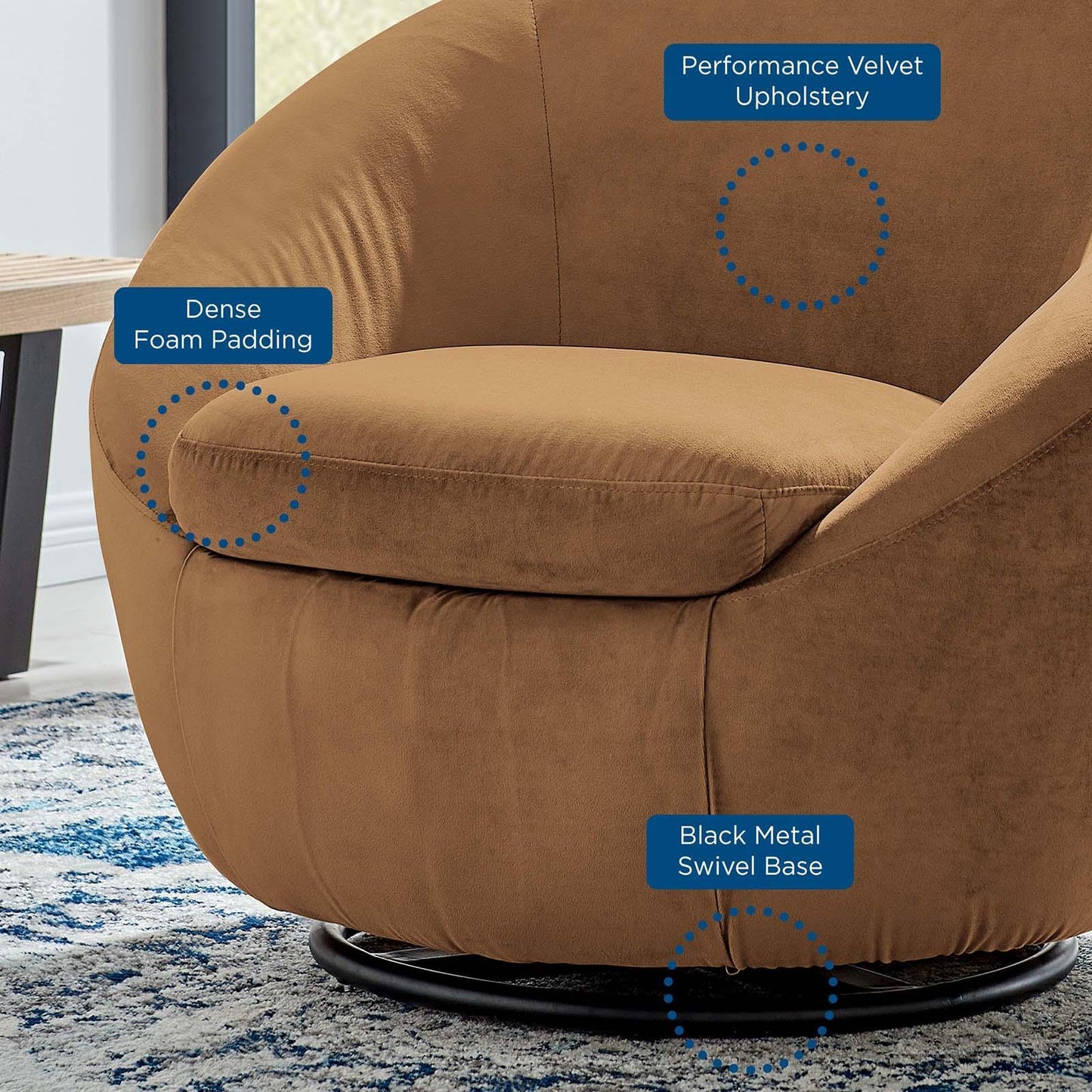 Buttercup Performance Velvet Swivel Chair, EEI-5007 FredCo