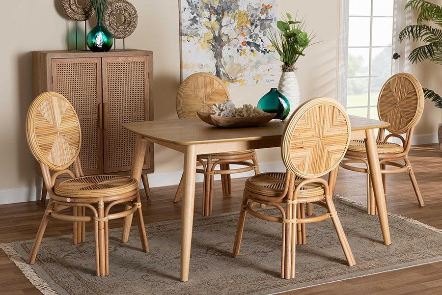 Carita Modern Bohemian Natural Brown Rattan 5-Piece Dining Set FredCo