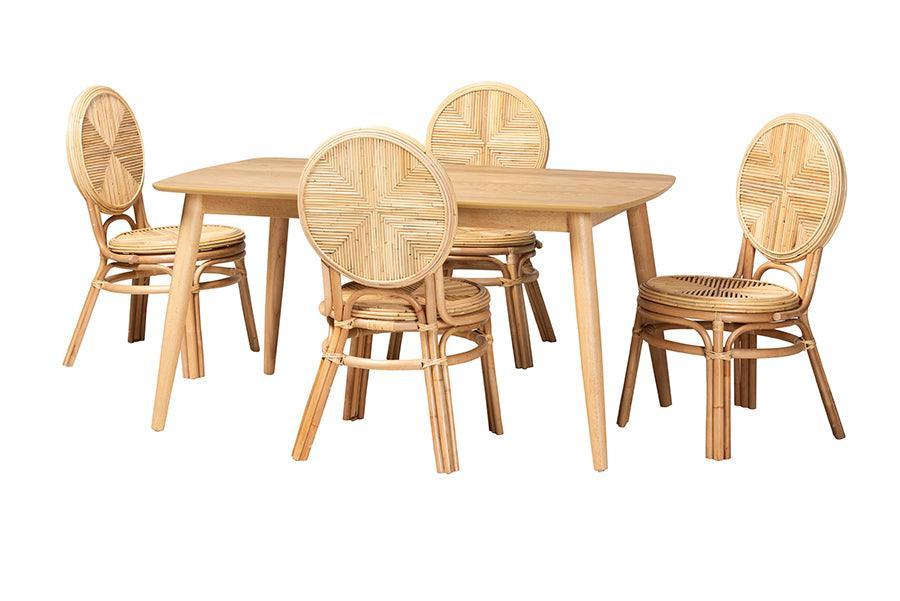 Carita Modern Bohemian Natural Brown Rattan 5-Piece Dining Set FredCo