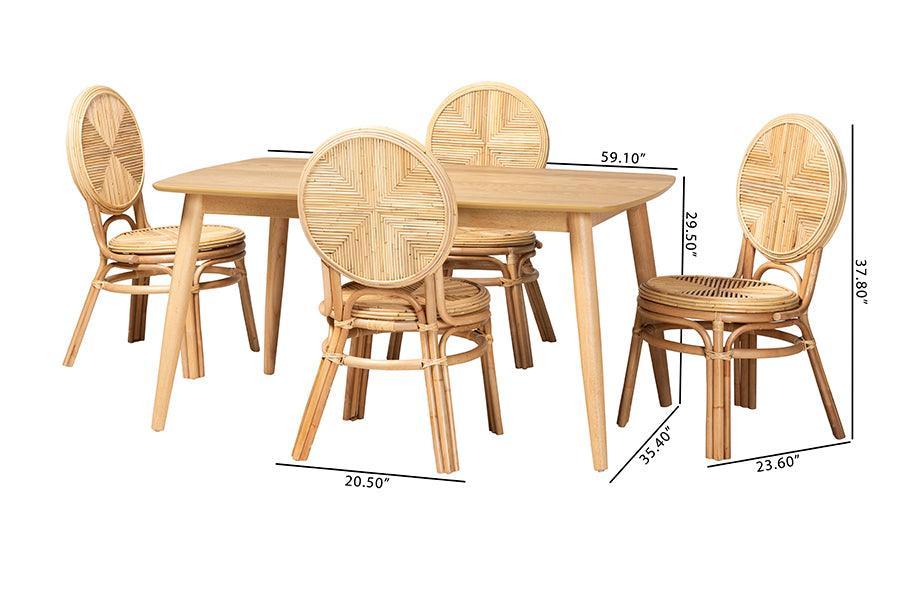 Carita Modern Bohemian Natural Brown Rattan 5-Piece Dining Set FredCo