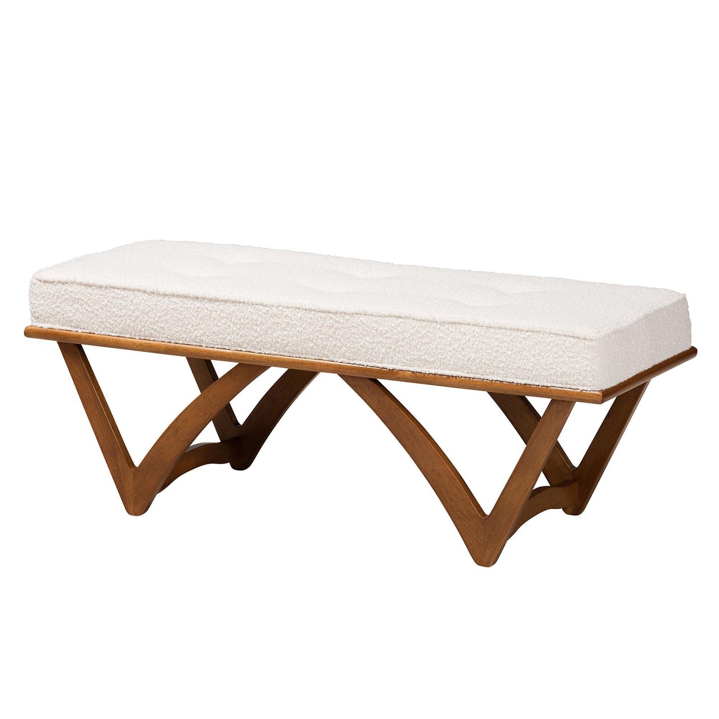Chenoa Japandi Cream Boucle Fabric and Walnut Brown Finished Wood Bench FredCo