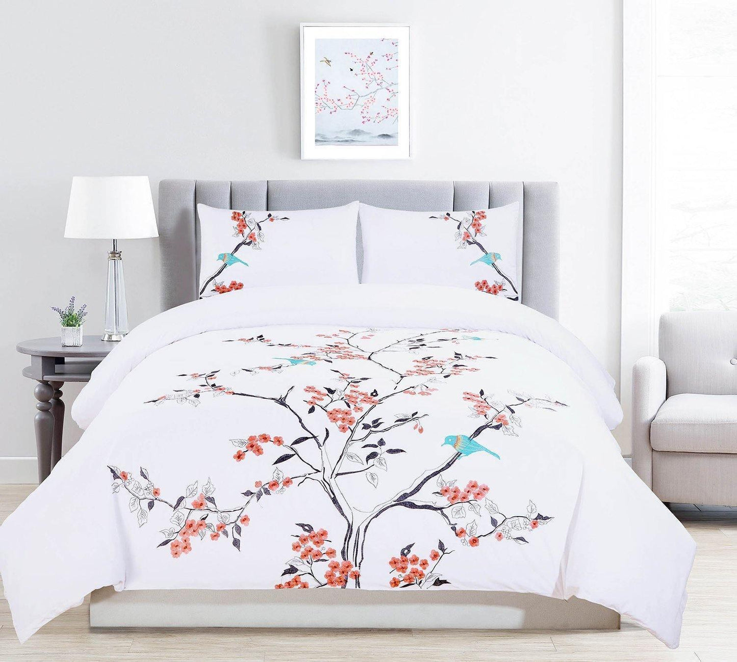 Cherry Garden 100% Cotton Embroidered Floral Bird Duvet Cover Set FredCo